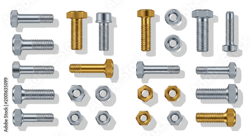 A flat lay of assorted metal screws and nuts in silver and gold tones on a white background.