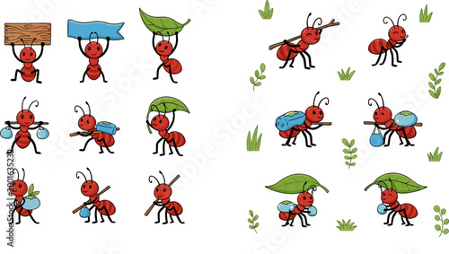 Cute cartoon red ant character set carrying leaf, wood, banner and berry in various working poses on nature background