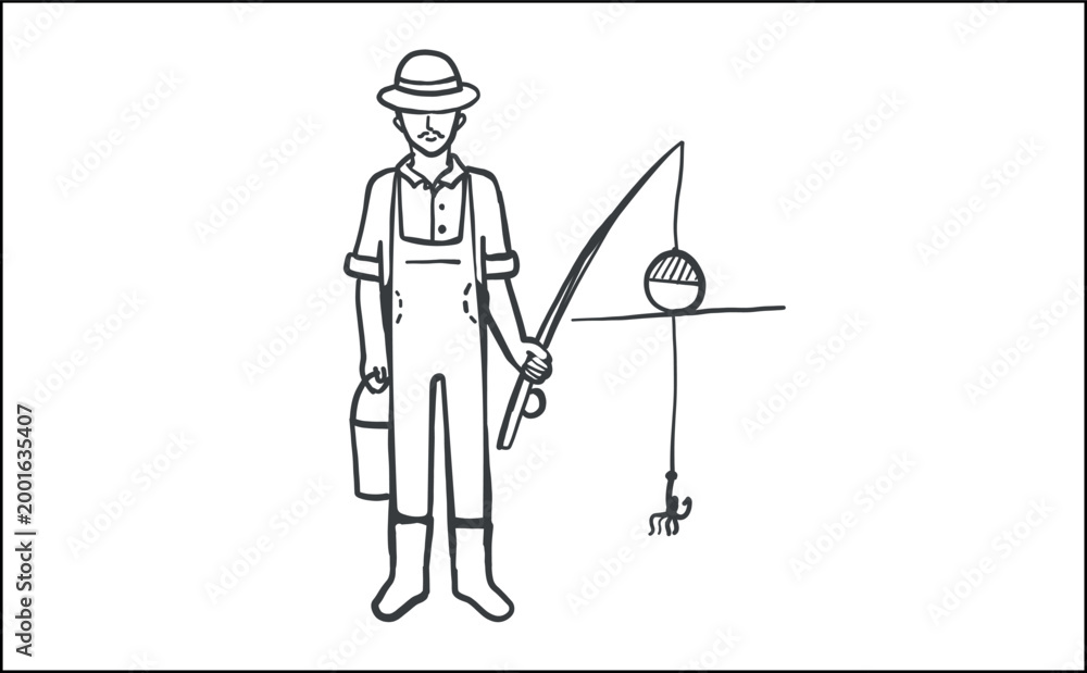 Obraz premium Hand-drawn fisherman vector illustration. Man in hat & overalls holding fishing rod. Minimalist outline sketch for design projects.