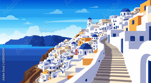 A stunning vector illustration depicting the charming whitewashed buildings and blue-domed churches of Santorini, Greece, overlooking the azure sea