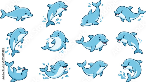 A charming collection of twelve cute cartoon dolphin characters in various playful swimming and jumping poses, featuring expressive faces and splashing water effects isolated on white.