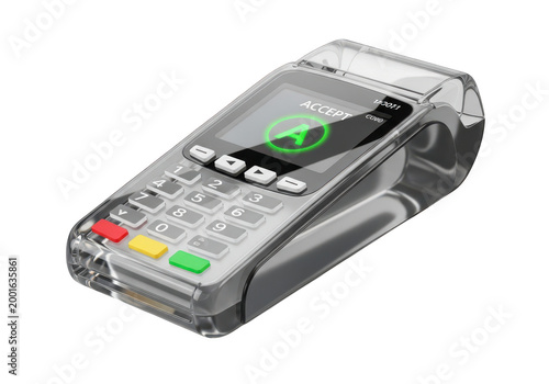 Modern credit card payment terminal for contactless transactions in a retail store isolated on transparent background