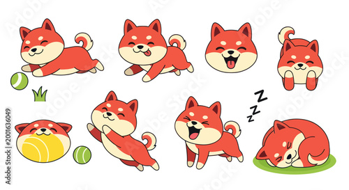 Cute Shiba Inu Dog Poses Collection, Playful Cartoon Animal Vector Illustrations