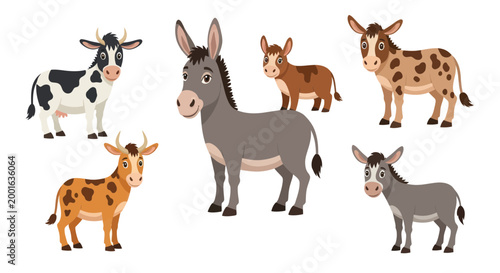 Farm Animals Cartoon Collection: Cow, Donkey, Calf, Foal - Cute Livestock
