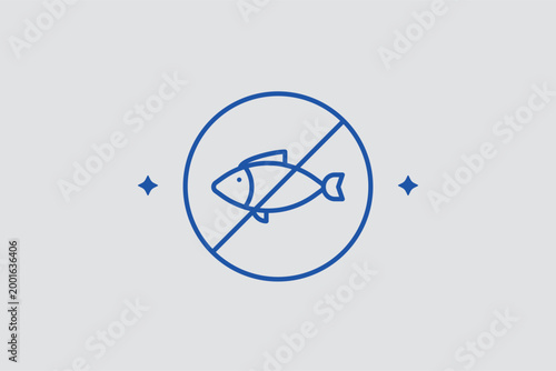 No fish line icon for identifying seafood protein allergies and dietary limitations. Regulatory vector illustration for food manufacturing labels and kitchen safety documentation.