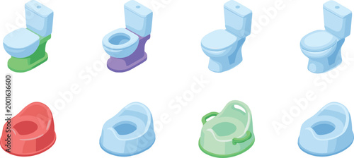 A collection of eight colorful isometric illustrations featuring modern toilets and child potty training seats in various styles and colors isolated on a white background.