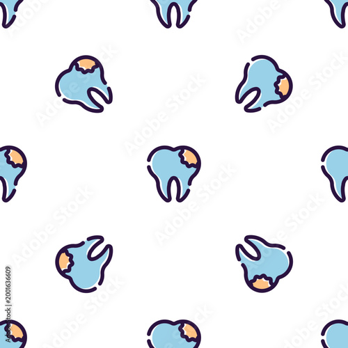 Pattern of cartoon blue teeth with decay isolated on transparent background