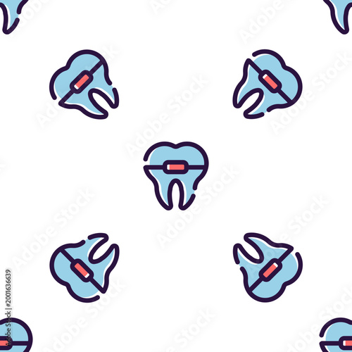 Stylized dental teeth with orthodontic braces pattern isolated on transparent background