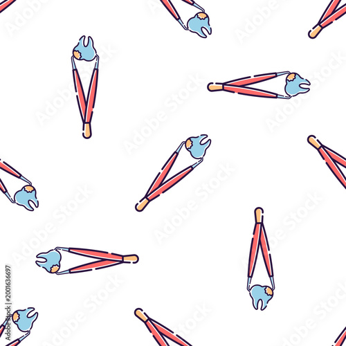 Seamless pattern of dental extraction forceps gripping a tooth, isolated on transparent background