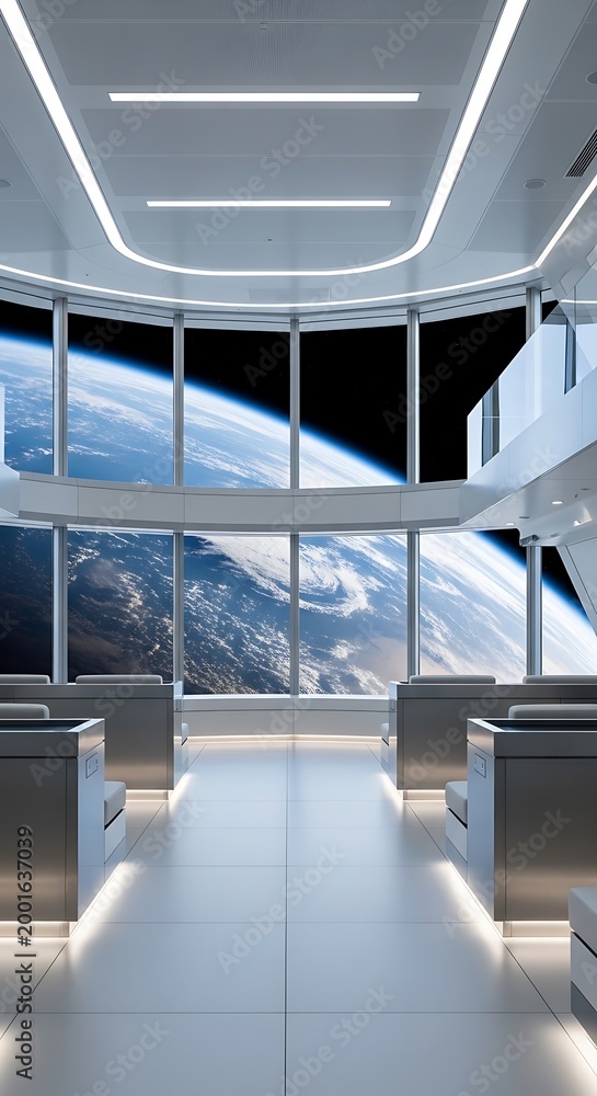 Fototapeta premium Futuristic spaceship interior with panoramic view of Earth from orbit, advanced technology and luxury travel concept