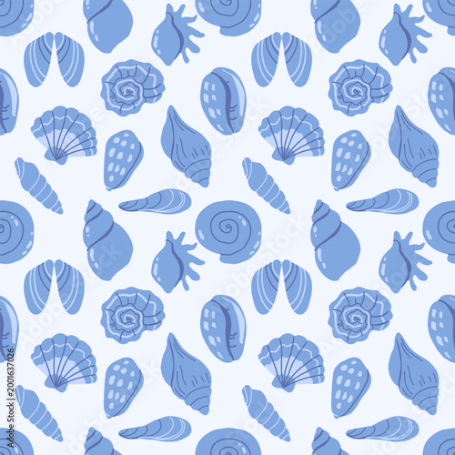 Blue seamless pattern with seashells. Hand-drawn summer background in a naive style
