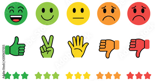 Vector, rating system set with colorful emojis, thumbs up gestures, and star icons, symbolizing customer feedback, service quality, satisfaction survey, user experience evaluation, and modern review 