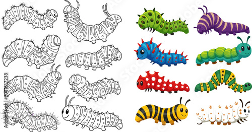 Tableau sur toile Colorful cartoon caterpillar character set featuring outline, sketch and vibran