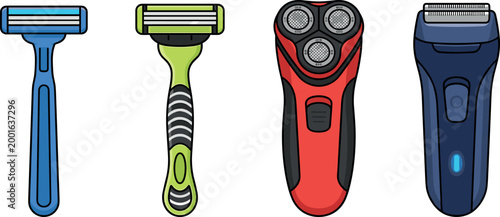 A collection of four cartoon grooming tools featuring manual disposable razors, a rotary electric shaver, and a foil shaver isolated on a clean white background.