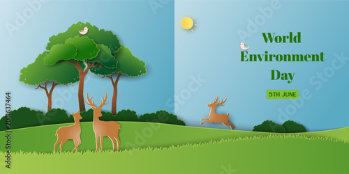 Poster campaign of world environment day,paper cut tree and animals on blue background