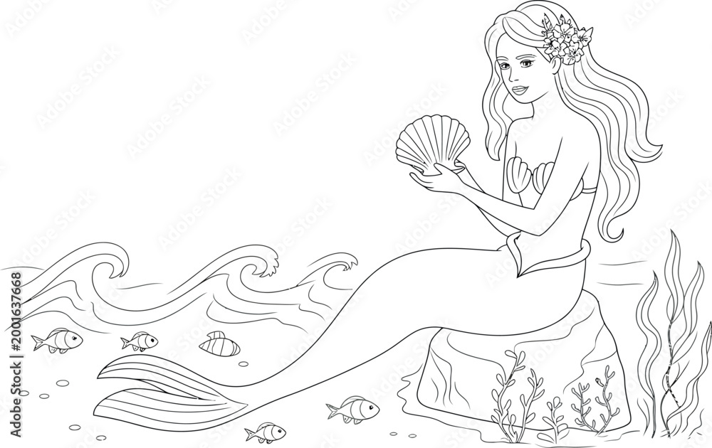 Fototapeta premium Beautiful mermaid holding shell sitting on rock underwater with fish and seaweed line art.