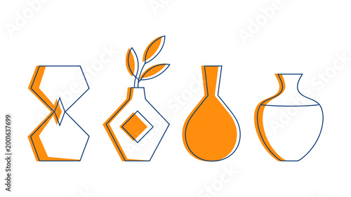 Abstract graphic design of four vases or containers in various shapes with container decorative botanical