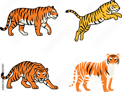 A collection of four dynamic cartoon tiger illustrations featuring the big cat in various action poses like walking, jumping, crouching, and standing, isolated on a white background.