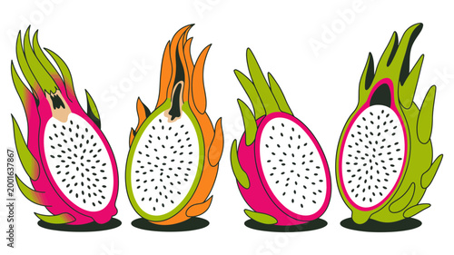Assortment of dragon fruit halves with tropical refreshing superfood vitamins antioxidants nutrition