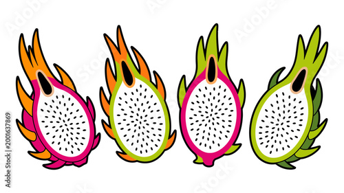 Assortment of dragon fruit halves with tropical refreshing superfood vitamins antioxidants nutrition