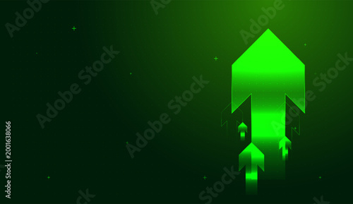 A massive green arrow dominates the frame, signaling a definitive rise in market success, Multiple arrows surge upward in unison, illustrating a powerful economic rise