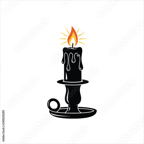 Burning candle in ornate holder with dripping wax Vector Illustration Isolated on white background