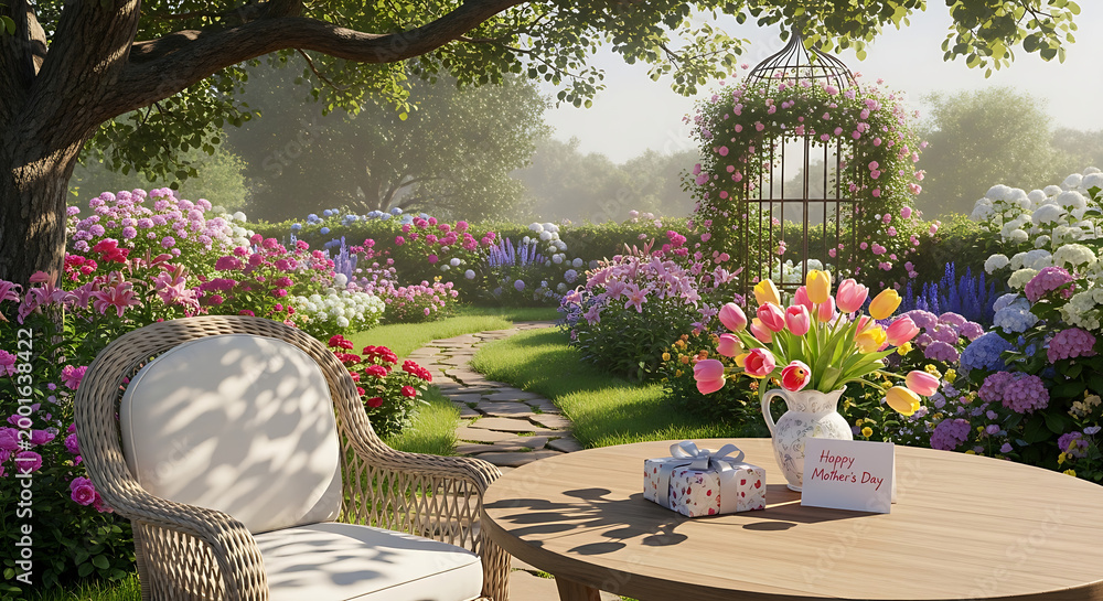 Fototapeta premium Cozy outdoor seating area with a table and chair in a vibrant garden.