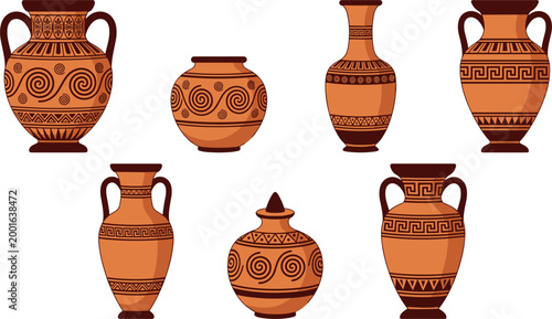 A collection of seven ancient Greek pottery vases and amphorae featuring traditional terracotta patterns and geometric designs isolated on a clean white background.