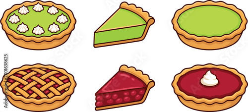 A collection of six delicious cartoon pie illustrations featuring key lime and cherry flavors as whole pies and individual slices isolated on a clean white background.