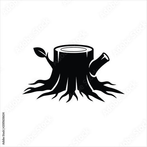 Fotografie Tree stump with roots and a leaf growing in a simple graphic style Isolated on w