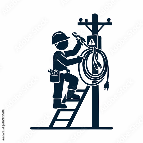 Electrician Lineman Repairing Electrical Power Line on Ladder Vector Silhouette