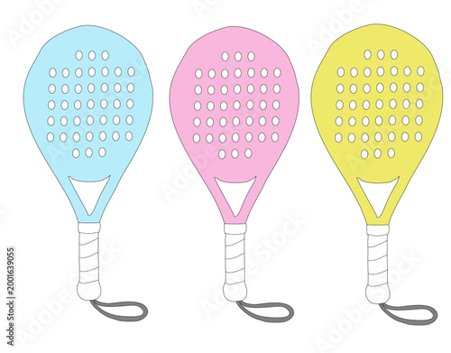  Set of colorful padel rackets in pastel blue, pink, and yellow, isolated on a clean background, perfect for sports design, branding, and modern illustration projects.