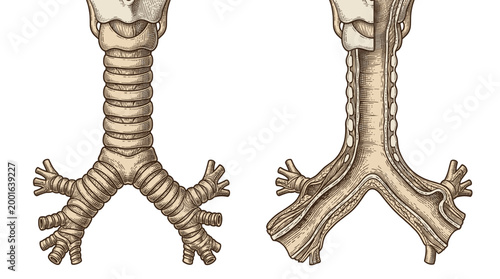 Anatomical illustration showing the human trachea and bronchi, with a focus on their branching structure.