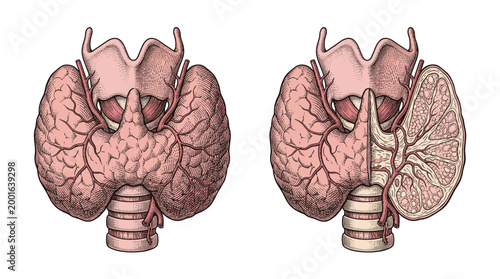 Anatomical illustration comparing a healthy thyroid gland with a goiter-affected thyroid gland, showing the larynx and trachea.