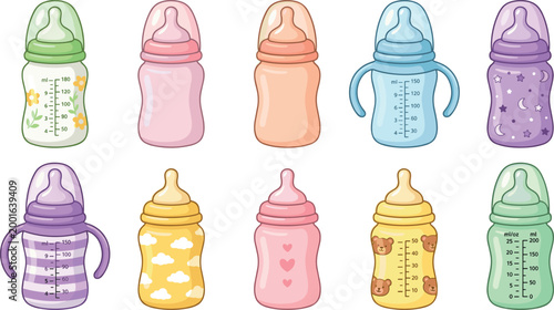 A collection of ten colorful cartoon baby bottles and sippy cups with various patterns, measuring scales, and handles isolated on a white background.