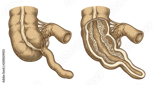 Anatomical illustration showing a cross-section of the small intestine with its characteristic folds and villi, alongside an external view of the organ.
