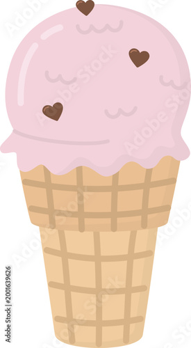 Waffle cone filled with pink ice cream decorated with small chocolate heart sprinkles. Cute and sweet summer treat