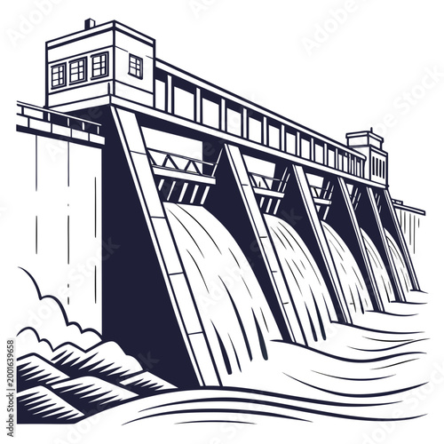 hydroelectric dam with flowing water illustrated in black and white