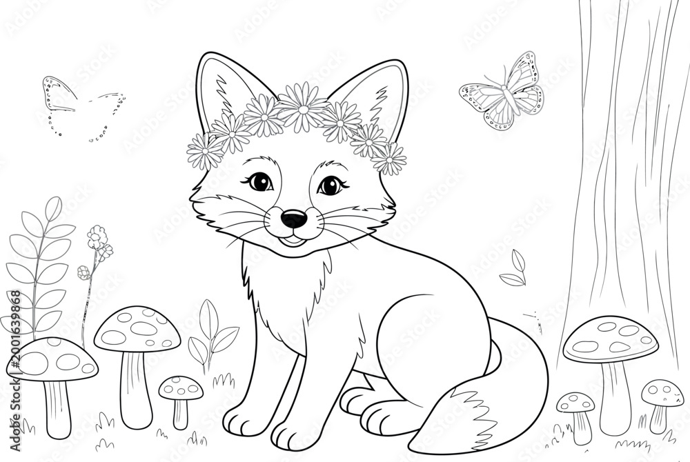 Obraz premium Cute cartoon fox with flower crown in forest with mushrooms and butterflies on transparent background.