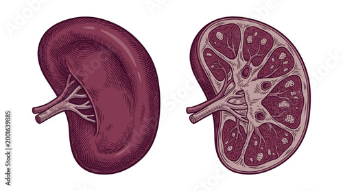 An illustration showing a whole kidney and a cross-section revealing its internal structure, including the renal cortex and medulla.