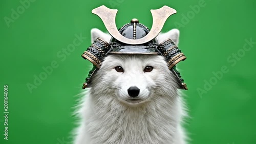 A white arctic fox wearing a traditional Japanese samurai helmet looking directly at the camera against a vibrant green background.