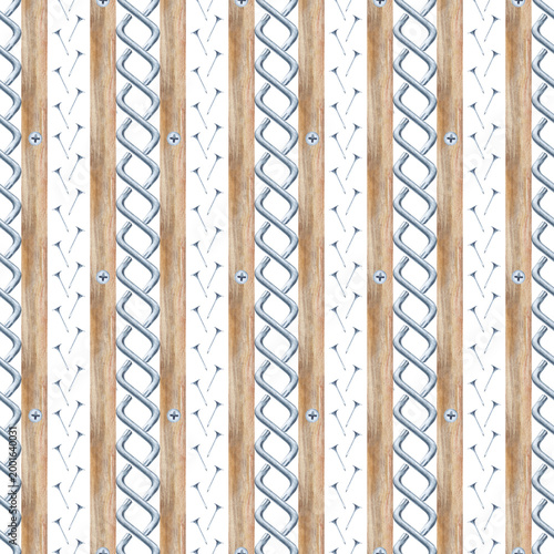 Seamless pattern of vertical wooden panels, nails and furniture keys on an isolated background. Watercolor illustration with working tools for home renovation. For DIY workshop branding, hardware