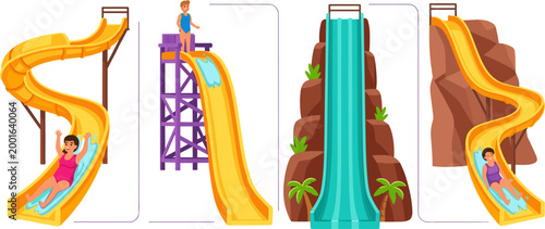 Cartoon children enjoying water park slides with spiral, straight and rocky cliff aqua attractions in colorful summer illustration set