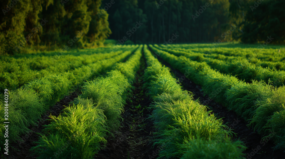 Naklejka premium lush green dill field in rows at sunset organic farming agriculture and fresh herb cultivation concept