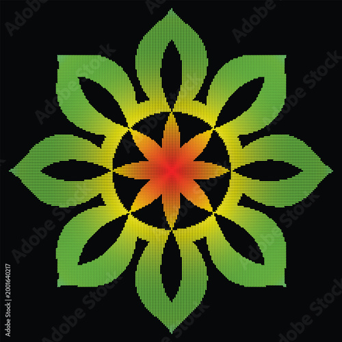 Abstract neon flower mandala with leaf shaped halftone dot texture, vibrant symmetrical floral geometry.