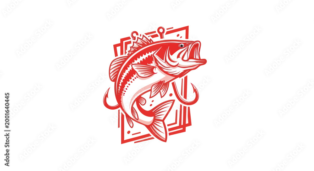 Obraz premium Red Bass Fish Jumping with Fishing Hook and Line, Isolated on White Background