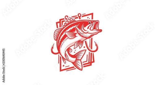 Red Bass Fish Jumping with Fishing Hook and Line, Isolated on White Background