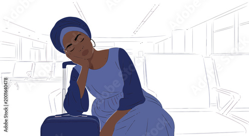 Tired woman in headscarf yawning, resting on suitcase at airport or train station