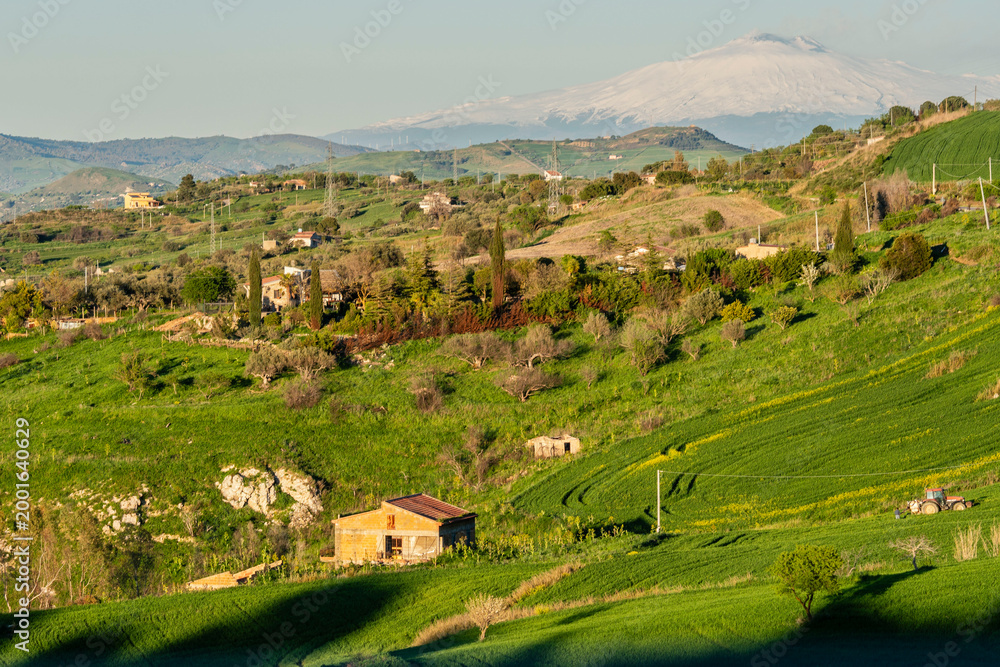 Obraz premium typical sicilian rural landscape and snow-capped summit of Mount Etna seen from nearby Santa Caterina Villarmosa, Sicily, Italy, Europe