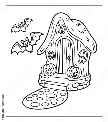 Halloween coloring page for kids of horror hunted house in jungle vector line art book design